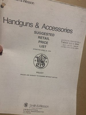 1974 Period Copy of Smith & Wesson Handguns and Accessories Price List