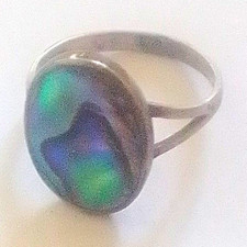Silver Tone Steel Signet Ring Size S Bezel Set Oval Blue/Green Gemstone