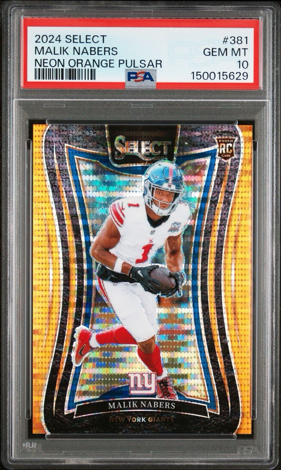 Malik Nabers 2024 Panini Select Neon Orange Pulsar Prizm /7 PSA 10 #381 Rookie