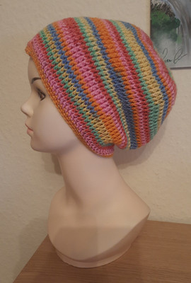 Longbeanie Mütze, gehäkelt Handmade Herbst Beanie gestreift  50-60 cm Kopfumfang