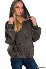 ZENANA ASH BLACK WASHED DRAWSTRING HEM HALF ZIP KANGAROO HOODIE SWEATSHIRT 4559