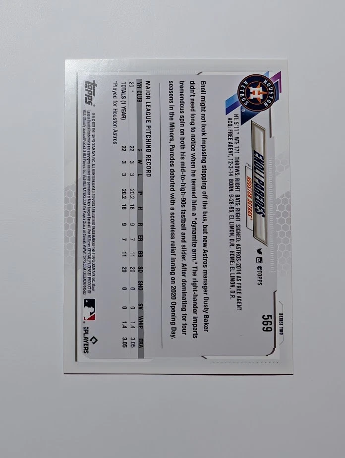 Enoli Paredes Topps 2021 Baseball Series 2 #569 Rookie Card RC Houston Astros - Image 2 of 2
