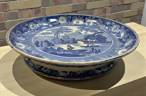 Antique Staffordshire Blue & White WILD ROSE Stilton Cheese Cake Stand