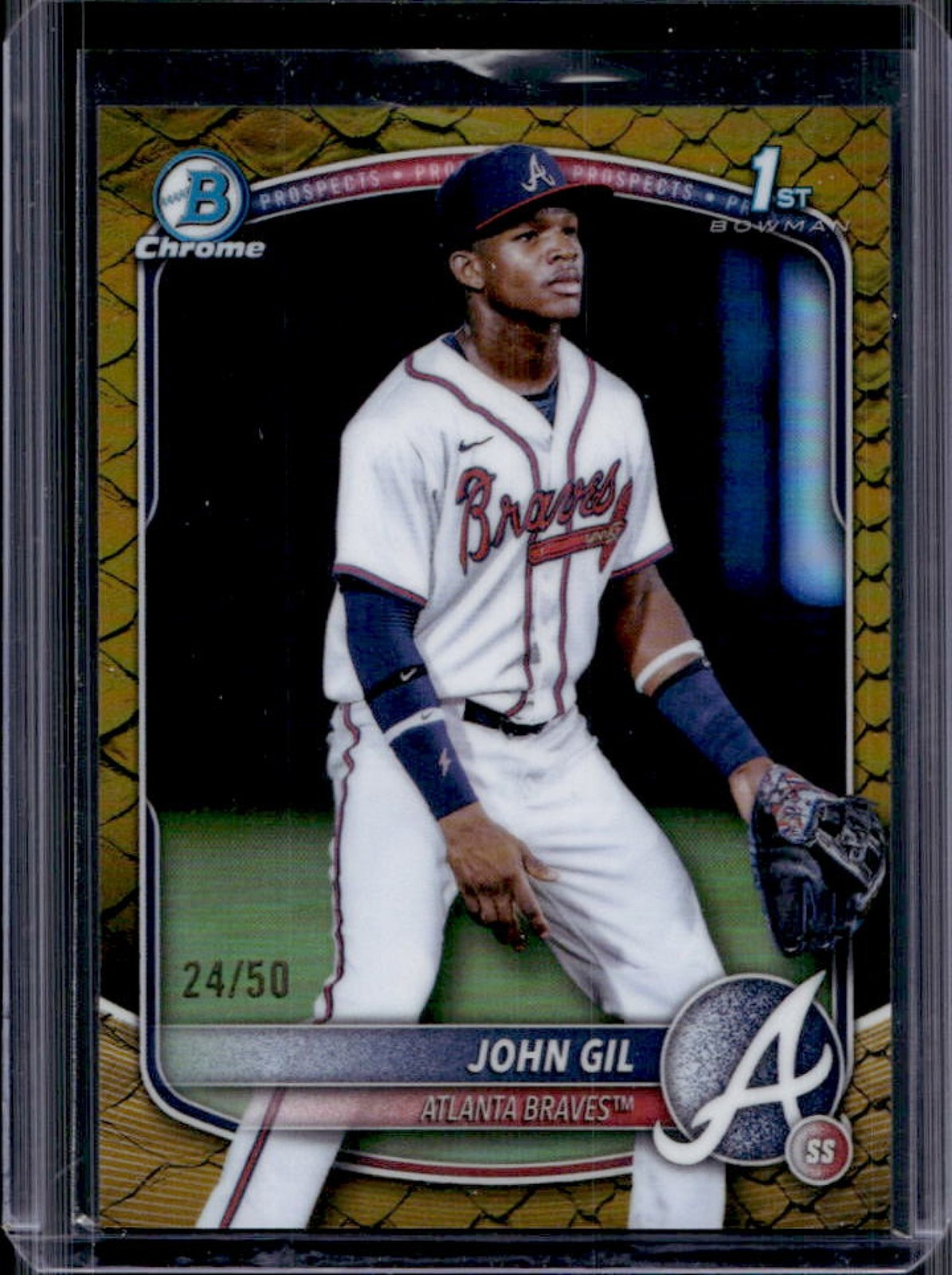 2025 Bowman Chrome John Gil Reptilian Gold Refractor 1st Prospect #/50 Braves