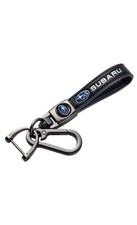 Subaru Genuine Leather Black Chrome Metal Ring Car Keychain