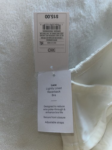 Auden Womens Racerback Bra Size 38D White Lace Adjustable Straps Lightly Lined - Picture 3 of 9