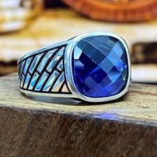 Bold Men's Sapphire ring 925 Sterling Silver Ring Handmade Statement Jewelry