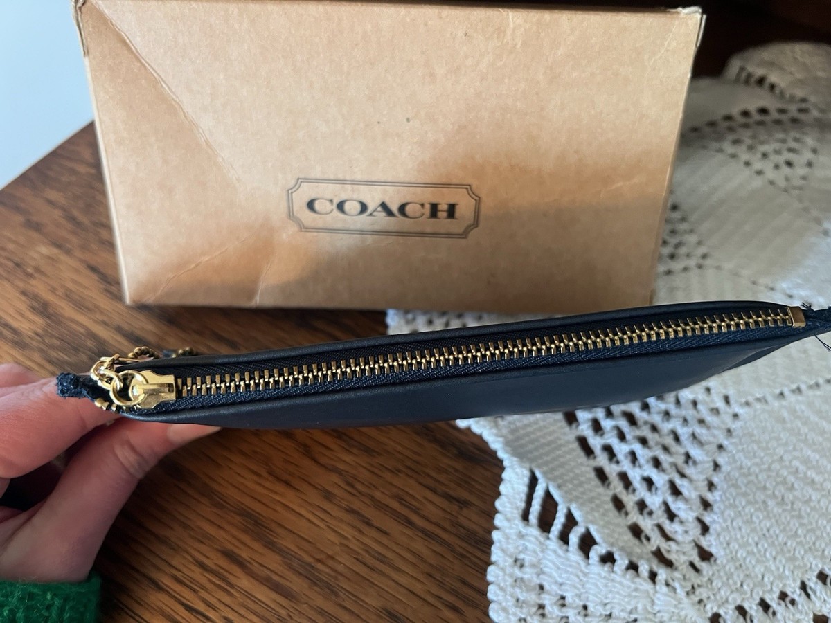 Vintage Coach 90s Peacock Blue Leather Skinny Case Cosmetic Zip
