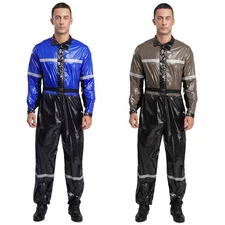 Mens Overalls Oil One-Piece Zipper Coveralls Outfit Jumpsuit Bodysuit Shiny