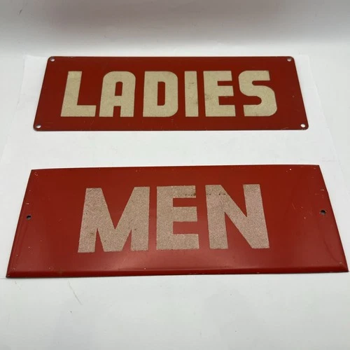 Vintage Tin Metal Men & Ladies Bathroom Signs Red With White Lettering