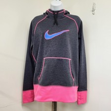 Nike Hoodie Women's Size Medium Grey Therma-Fit Neon Pink Long Sleeve Big Logo