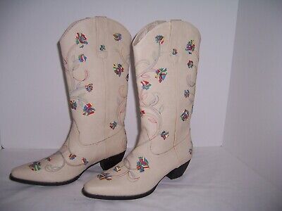 Women's Distressed Off-White Embroidered Western Leather Cowboy Cowgirl Boots