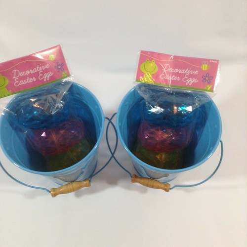 Easter Bucket Clear Colored Plastic Egg Set Blue Handle - Picture 2 of 3