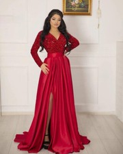 Elegant A Line Evening Dresses V Neck Long Sleeves Sweep Train Prom Party Gown