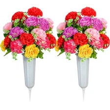 Set of 2 Artificial Carnation Bouquets with Vases for Cemetery Memorials