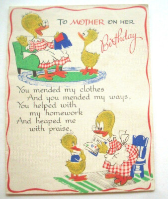 40's? Hal Rasmusson flocked duck duckling To Mother Birthday greeting card *A5