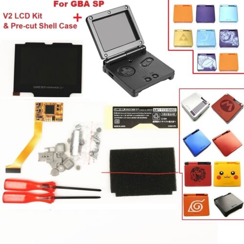 V2 IPS GBA SP Backlight Backlit LCD For Game Boy Advance SP + Pre-cut Shell Case