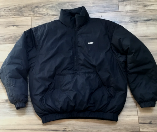 OBEY Cropped Puffer Jacket Half Zipper Quilted Logo Kangaroo Pockets Blk S - Picture 10 of 12