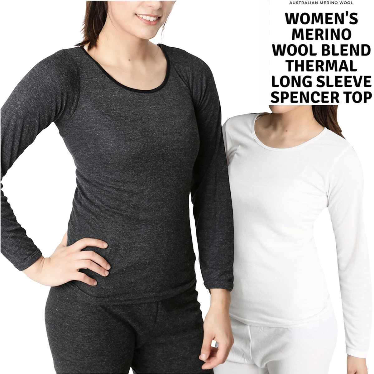 Ladies Merino Wool Blend Long Sleeve Thermal Spencer Top Underwear Thermals