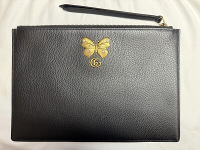 Gucci Pebbled Calfskin Butterfly Zip Clutch in Black New Box