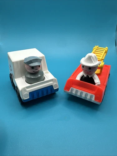 Vintage Fisher Price Little People Postman Post Mail Truck & Fire Truck Fireman