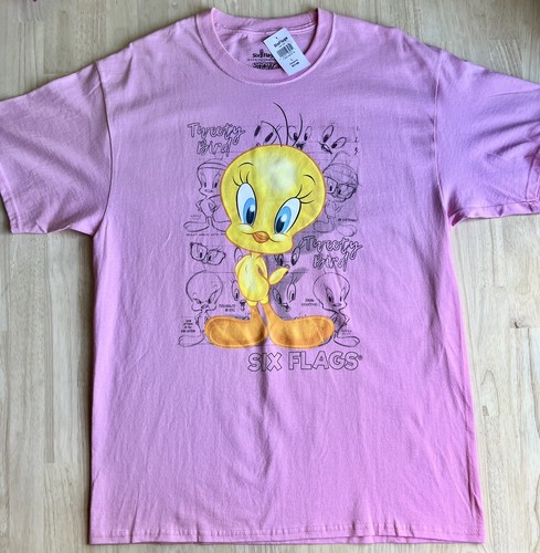 (LG) Six Flags Erwachsene rosa TWEETY BIRD Sketch Shirt LOONEY TUNES Grafik T-Shirt neu mit Etikett - Bild 1 von 6
