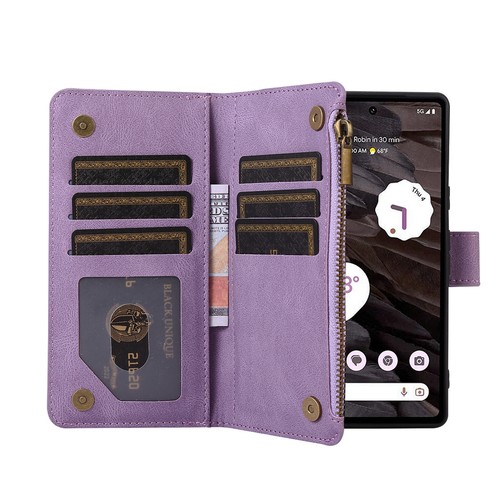 For Google Pixel 8 Pro 7A 6 Pro Zipper Leather Wallet Flip Case Cross Body Strap - Picture 55 of 65