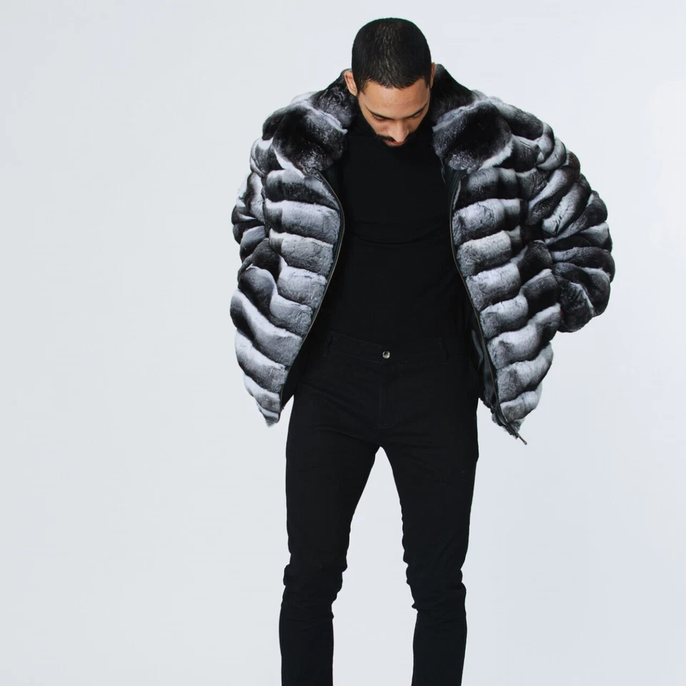 Men Real Rex Rabbit Fur Coat Lapel Jacket Winter Natural Chinchilla Thick Outwer - Image 3 of 4