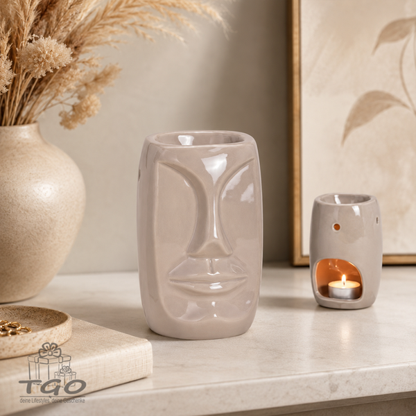Deko Duftlampe Gesicht Aus Keramik Beige HöHe 13Cm- 10026747B-image