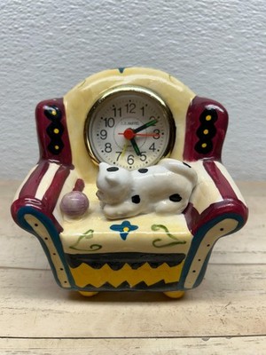 Vtg J.D. Marvel Ceramic Cat Resting On Chair Quartz Alarm Clock Hand Painted