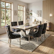 180x90cm Large U Stand Cream Marble Dining Table and 8 Seater Buttoned Chair Set