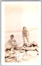 Vtg B W Snapshot Two Women in Bathing Suits Cooking Over Beach Campfire 1920s