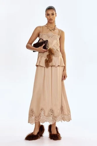 Sz M H&M Edition Lace-Trimmed Satin Skirt Beige NWT A/W 2025*SOLD OUT