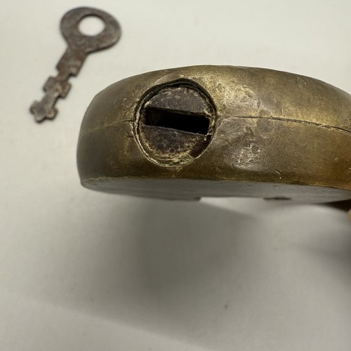 Antique Safety First Brass Padlock - Round w/ Steel shank - One Key 2 7/8” Lock - Picture 9 of 9
