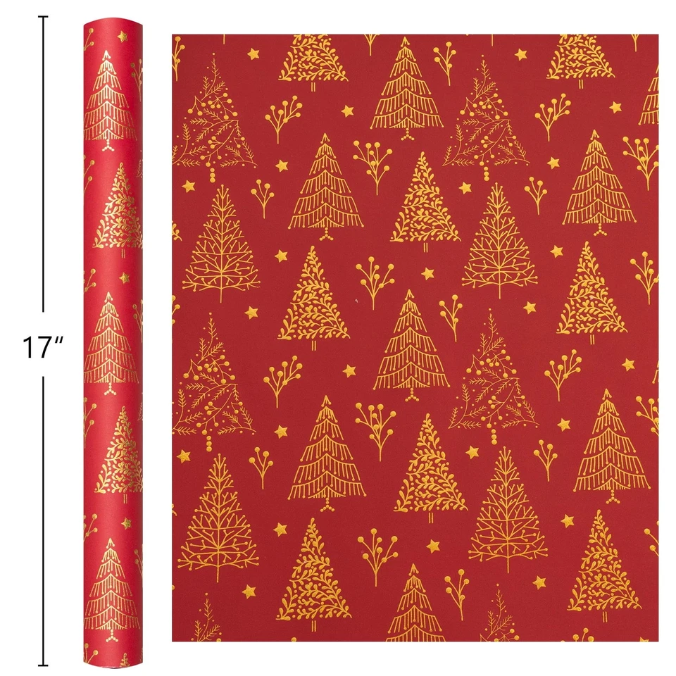 Red Gold Christmas Tree Wrapping Paper Roll Metallic Foil 17x33 Ft Holiday Gift - Image 2 of 4