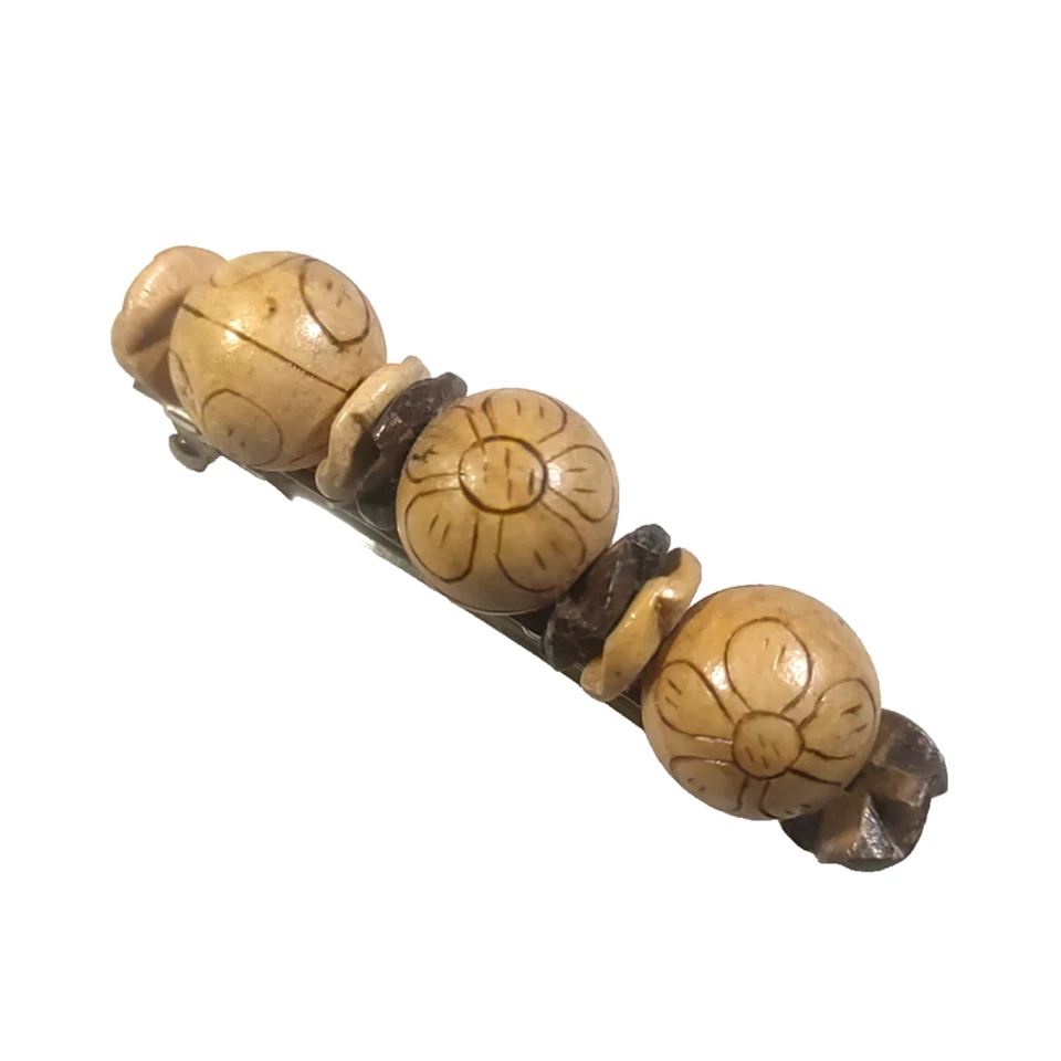 Tension Clip Hair Barrette Wooden Beaded Homemade Floral Etched - Image 2 of 4