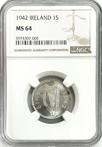1942 SILVER REPUBLIC IRELAND 1 SHILLING BULL COIN NGC MINT STATE 64