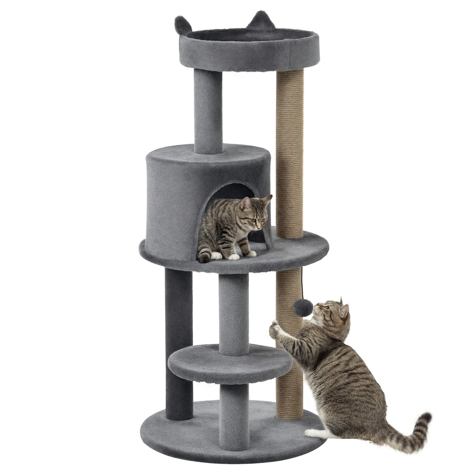 PawHut 104cm Cat Tree Condo Tower with Scratching Post Perch Ball, Grey