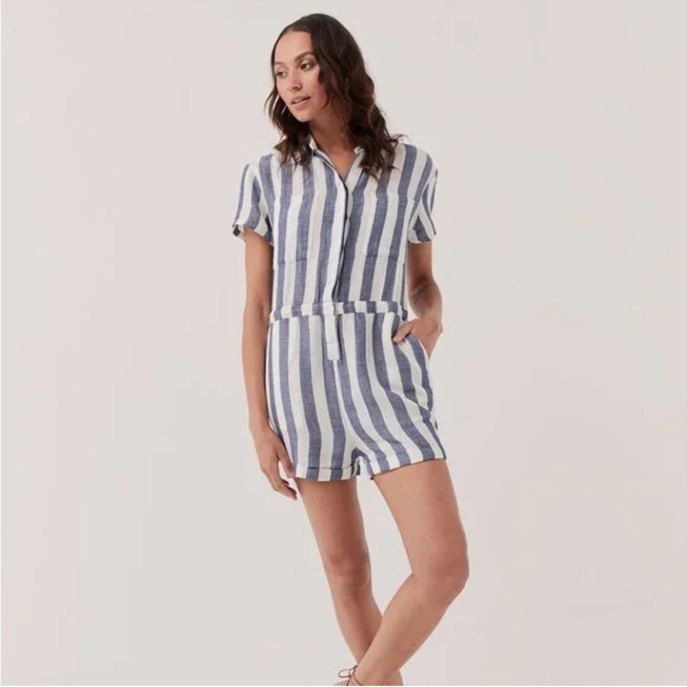 Pact The Harbour Romper in Mariner Stripe Striped Blue and White Romper