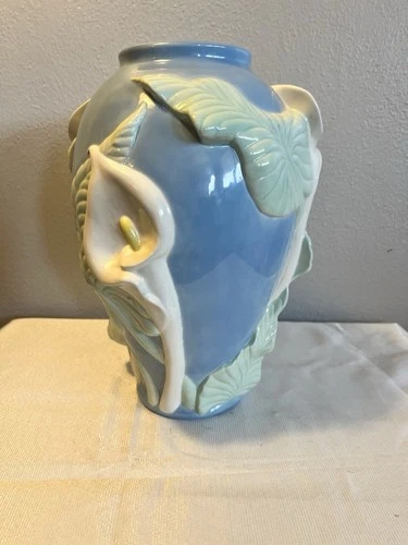 Roseville Blue Ceramic Vase Floral 3D Effect Glossy Calla Lily Art Pottery