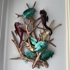 Painted Colorful Copper Seahorses & Tang Fish Wall Hanging Coral Reef 28” X 20”