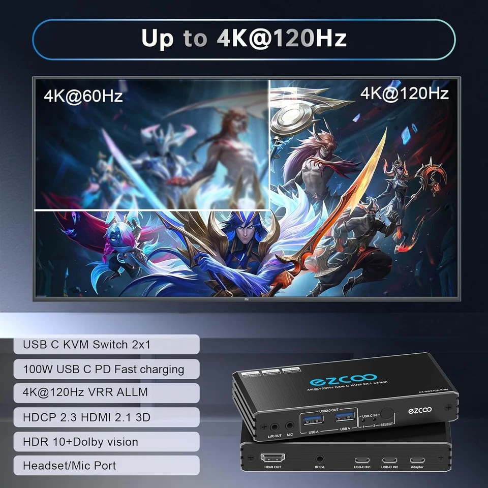 4K@120Hz USB-C KVM Switch HDMI2.1 2 Laptops mit 2 USB 2.0 Ports L/R MIC Out S... - Bild 4 von 4