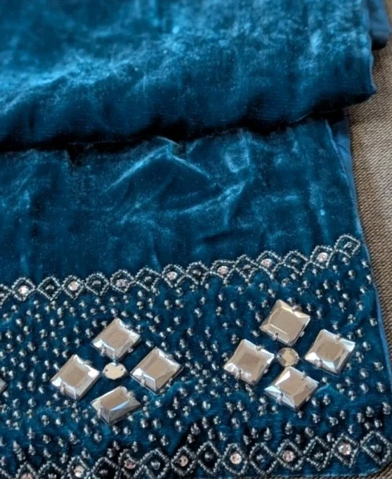 Bufanda de terciopelo de seda azul verde azulado espejado mujer indio boho cuentas Foto 3 de 3