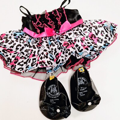 Build A Bear seltenes schwarzes Leopardenmuster Hello Kitty Sanrio Kleid und glitzernde Schuhe