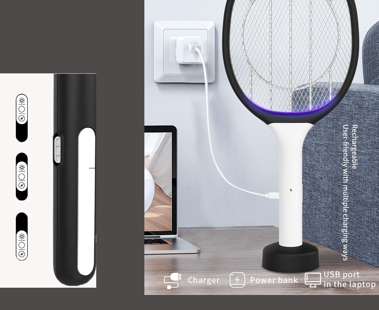 Raquette anti-moustiques électrique rechargeable USB avec piège UV et base de charge