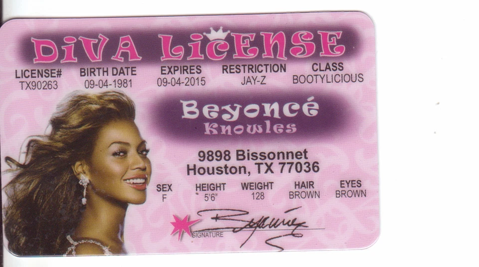 BEYONCE Diva Führerschein BOOTILICIOUS BOOTYLICIOUS Houston Texas TX Führerschein  - Bild 1 von 1