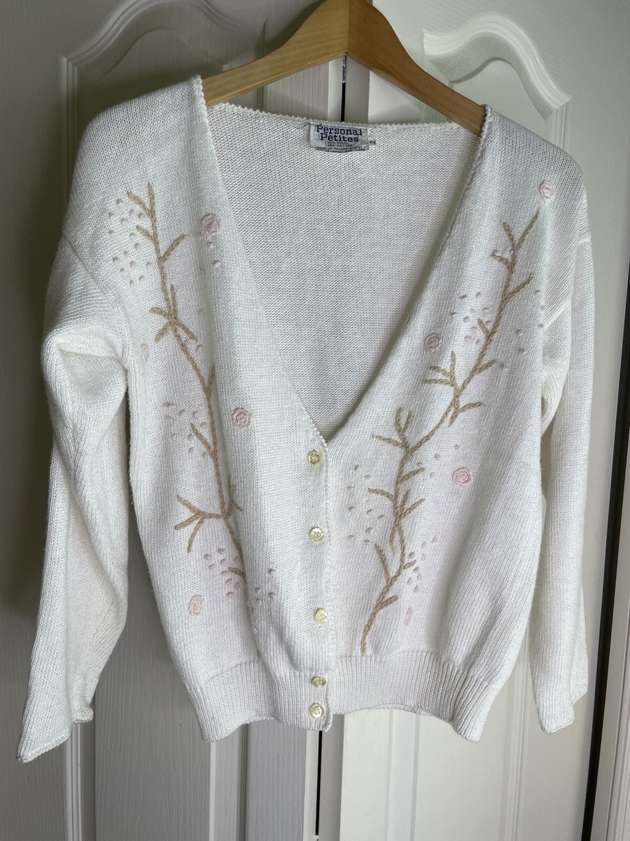 VTG Personal Petites Raise Cotton Cardigan Sweater Embroidered Cottage  Sweet PS