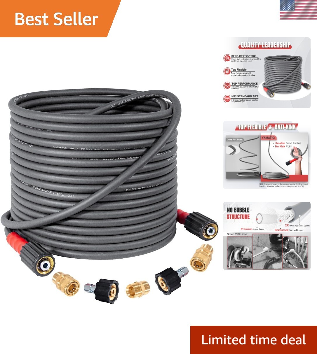 50FT Heavy-Duty 3700 PSI Kink-Resistant Pressure Washer Hose with Brass Fittings