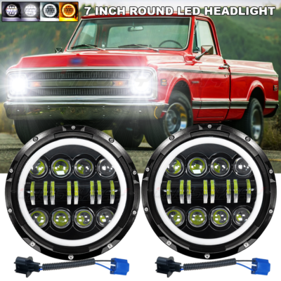 Pair Of 7 Inch Round LED Headlights With Chrome Halo - Hi/Lo Beam & DRL For Chevy C10 C20 C30 Trucks 7 thumbnail image