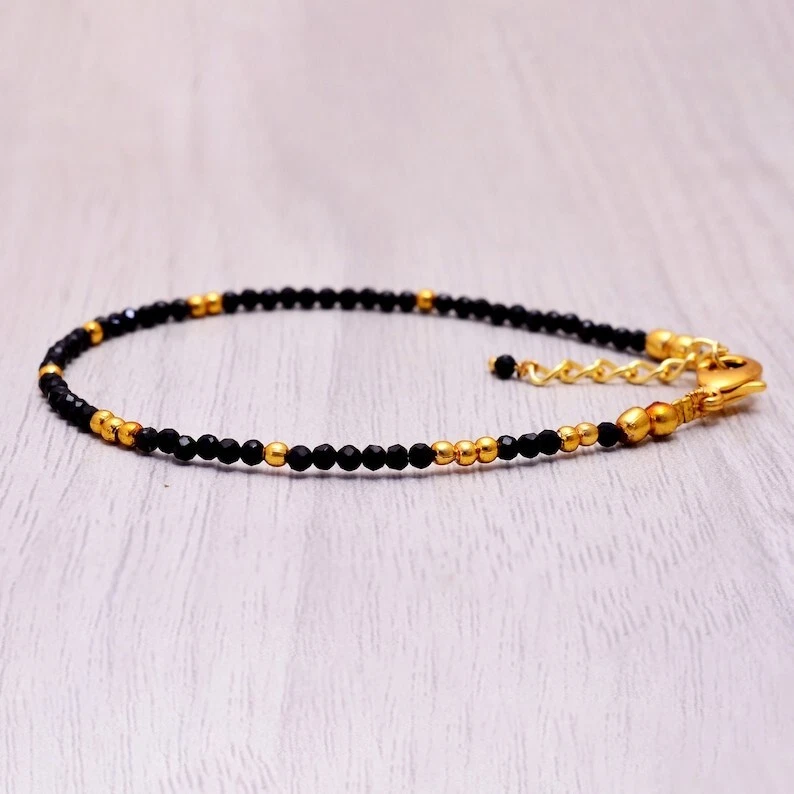 Pulseira feita à mão de contas folheadas a ouro pedra preciosa redonda facetada hematita natural 6-8" - Imagem 2 de 4